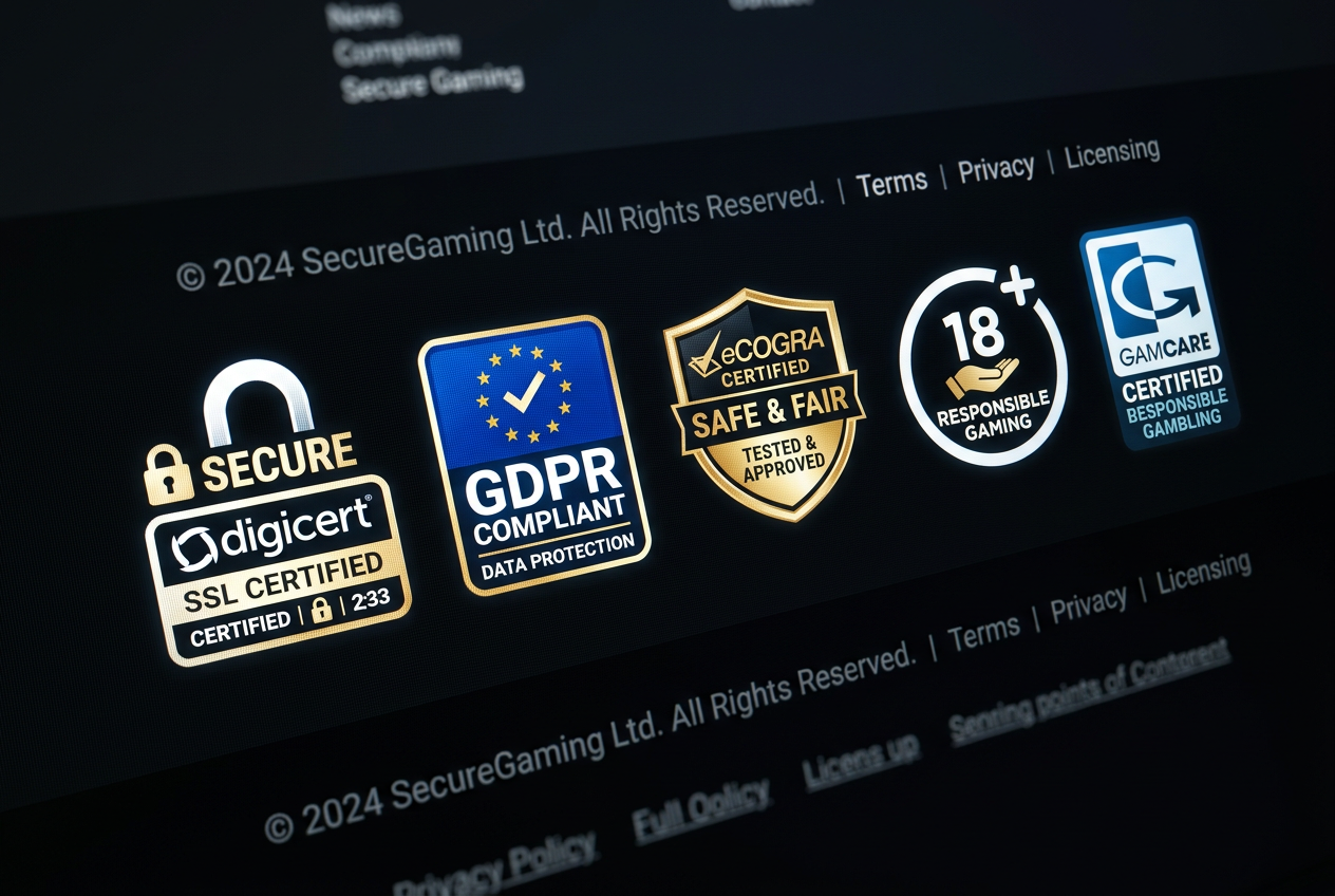 Detailní záběr na bezpečnostní certifikáty na webu kasina