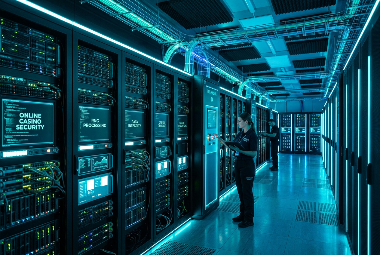 Pohled do moderního datového centra s řadami serverů osvětlenými neonově modrou barvou, symbolizující bezpečnost a integritu RNG v online kasinech