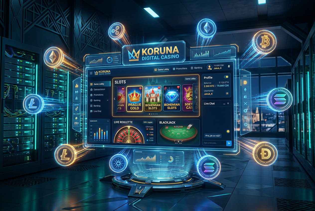 Moderní uživatelské rozhraní krypto kasina s vizualizací blockchainu