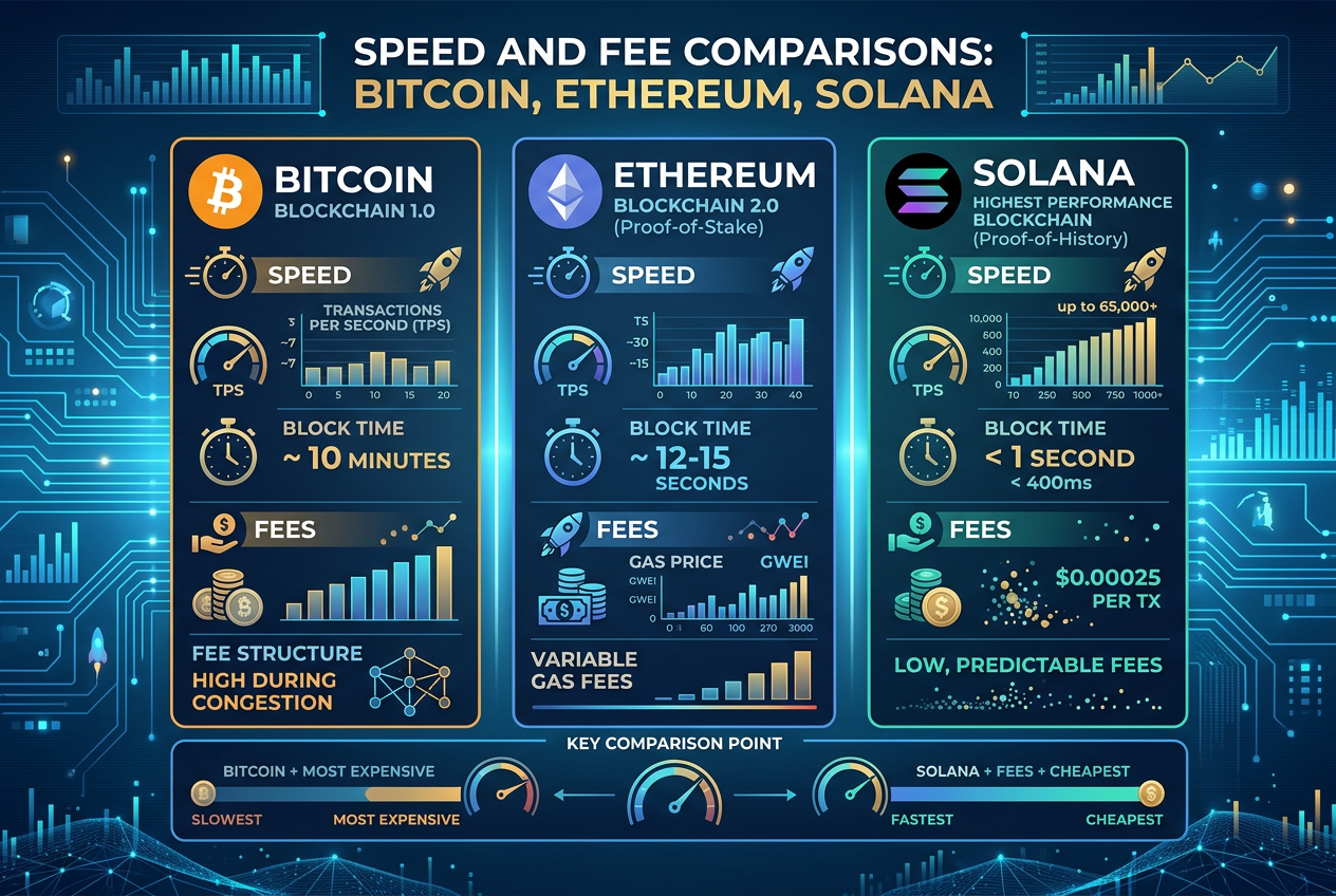 Infografika srovnávající rychlost a poplatky kryptoměn Bitcoin, Ethereum a Solana