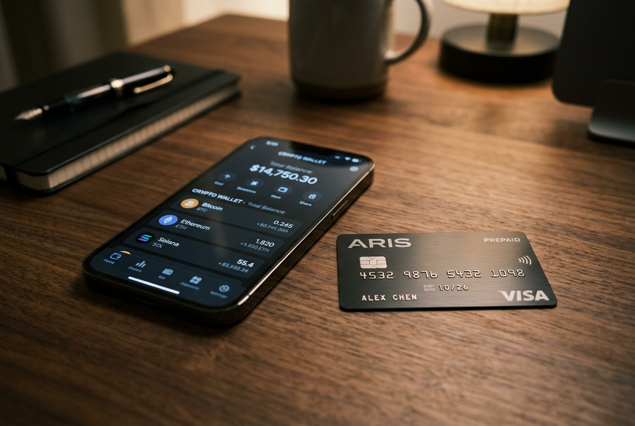 Digitální krypto peněženka a platební karty na moderním stole