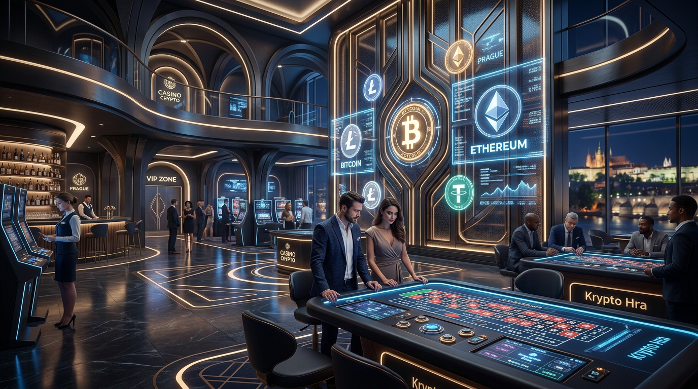 Interiér luxusního digitálního krypto kasina budoucnosti s logy kryptoměn