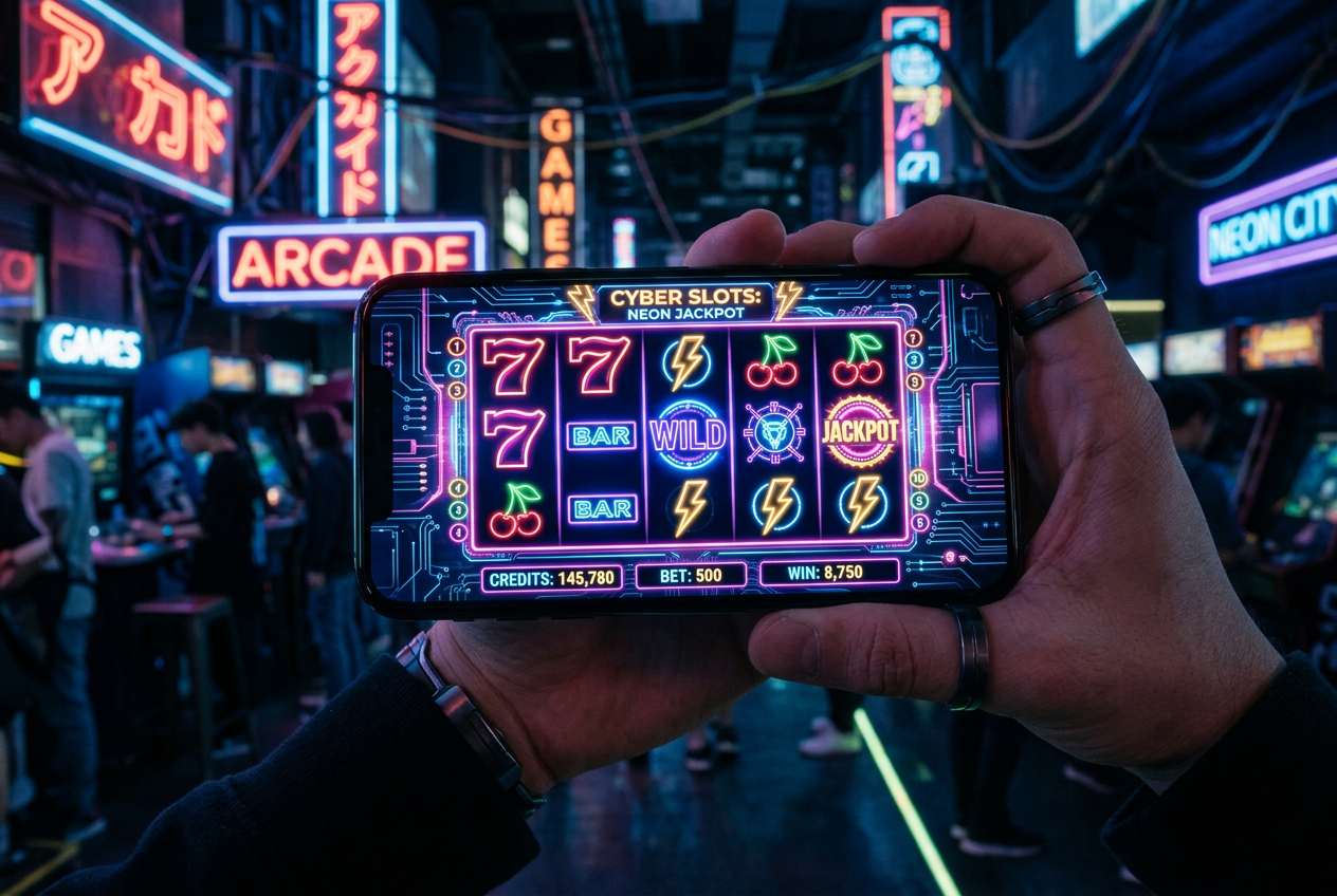 Hraní v mobilním kasinu na špičkovém smartphonu v neonovém kyberpunkovém stylu