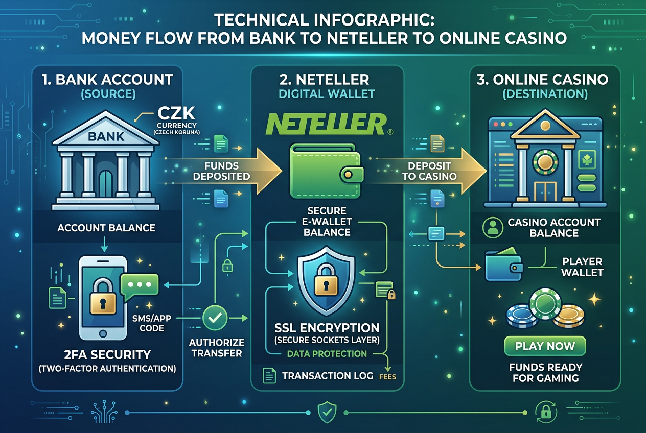 Technické schéma toku peněz mezi bankou, Netellerem a online kasinem