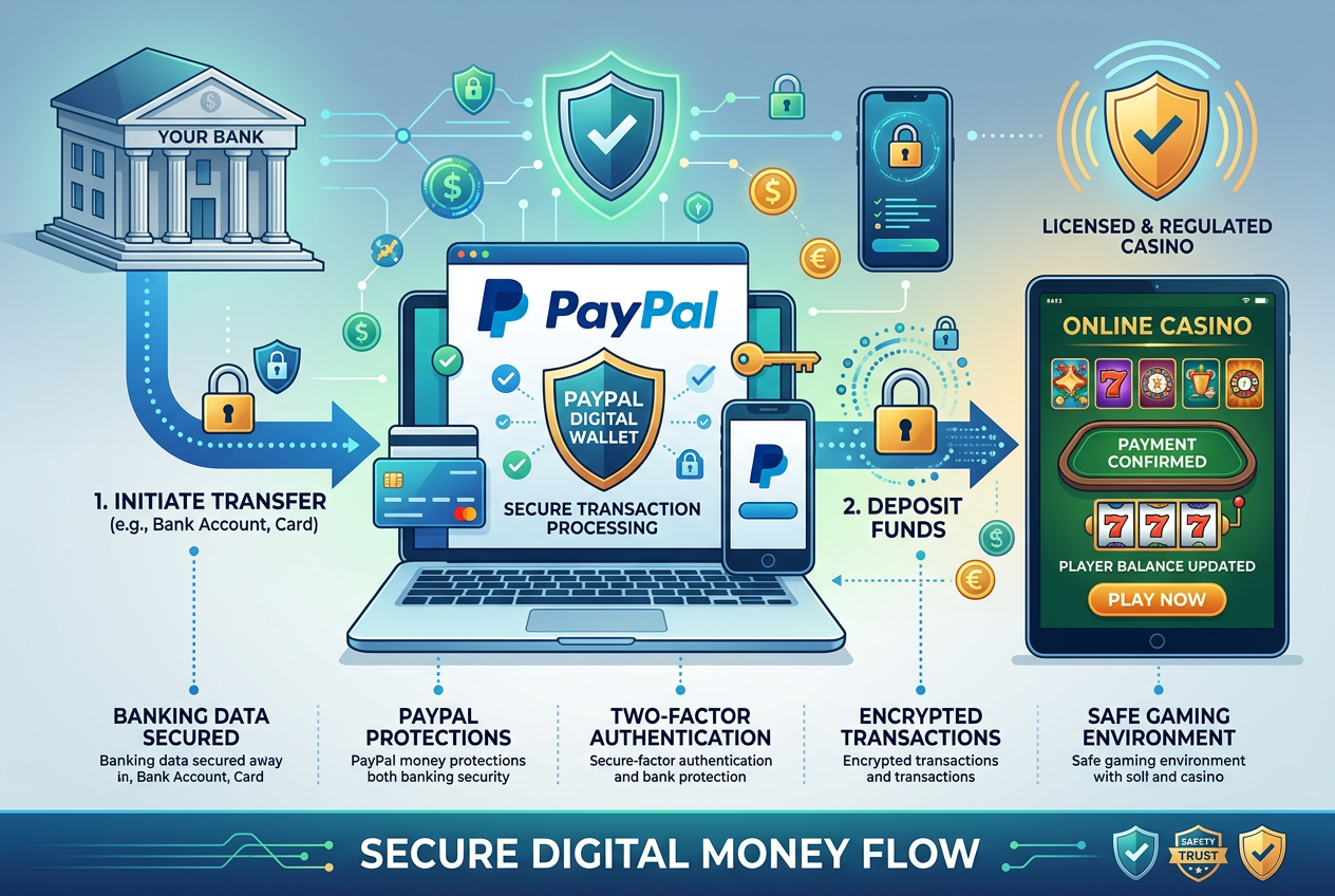 Schéma toku financí přes PayPal v online kasinu